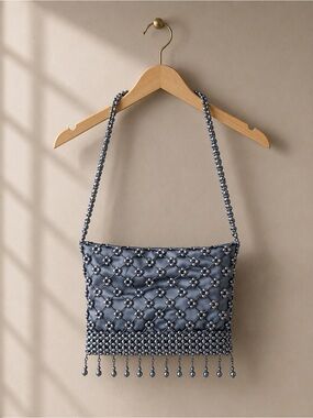 Vintage Beaded Evening Bag Gunmetal Gray Zippered Top Access